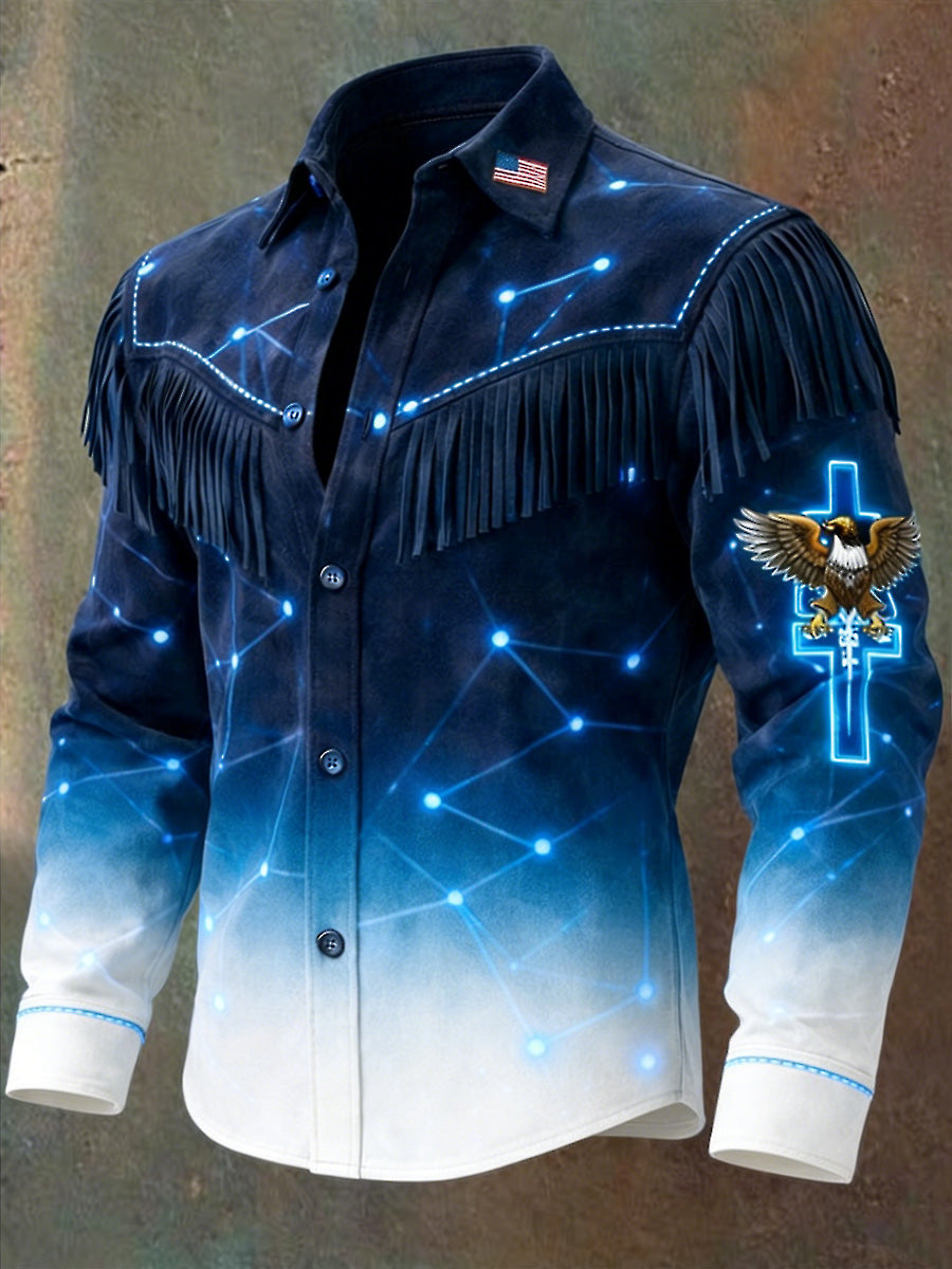 Men's Retro USA Flag Art Print Western Vintage Tassel Casual Long Sleeve Shirt